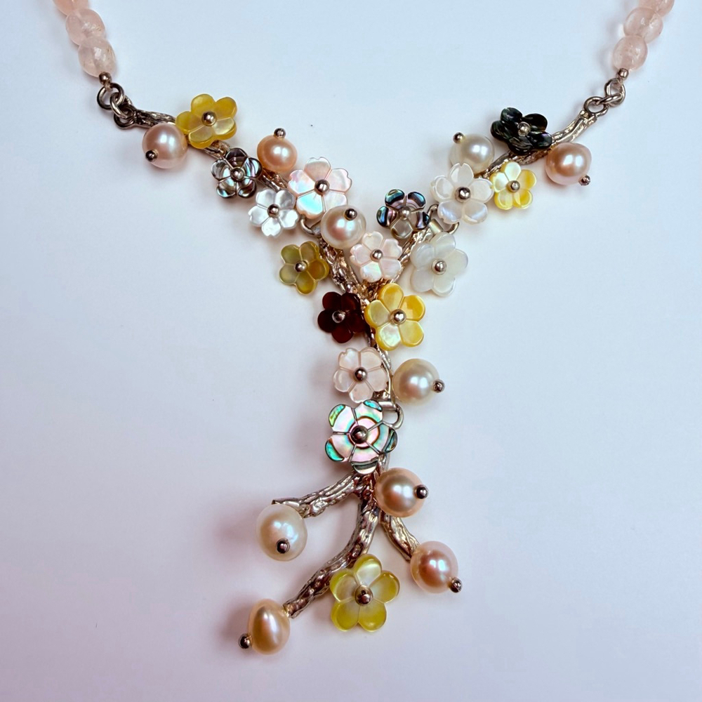 Whitney Kelly Rose Quartz MOP Pearl Mosaic Flower Sterling Silver 925 Necklace - Picture 4 of 12